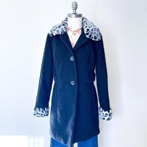 style‎ & co mall black y2k leopard trim penny lane coat womens small